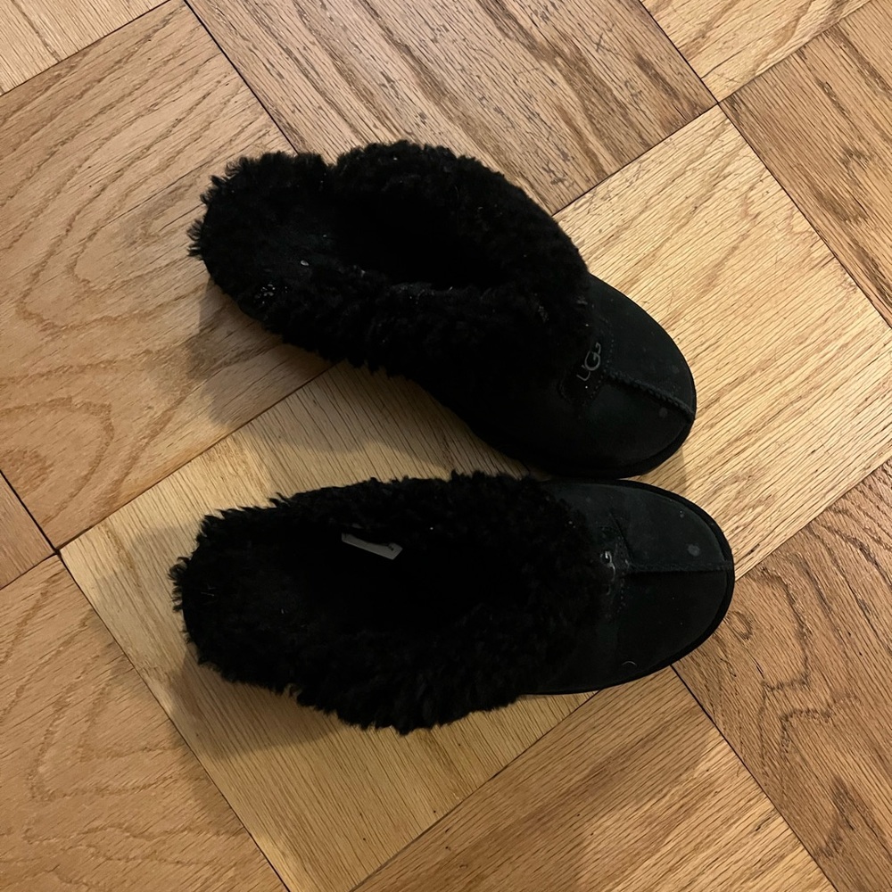 UGG Women's Black Suede Shearling Slip-On Slippers